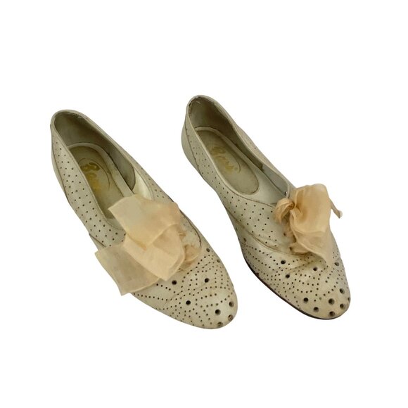 Bass 1930s style shoes 70s 80s vintage white leather perforated wingtip lace up - Picture 3 of 9